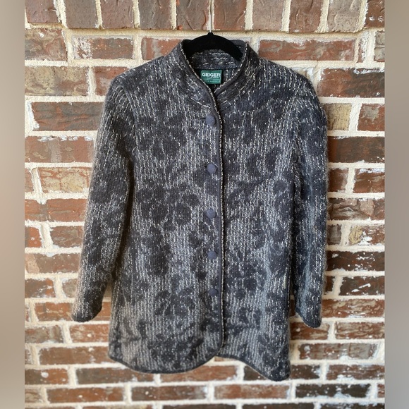 Vintage Geiger Collection Gray & Black Floral Fuzzy Wool Coat EU Size 40 / US 8 - Picture 1 of 11
